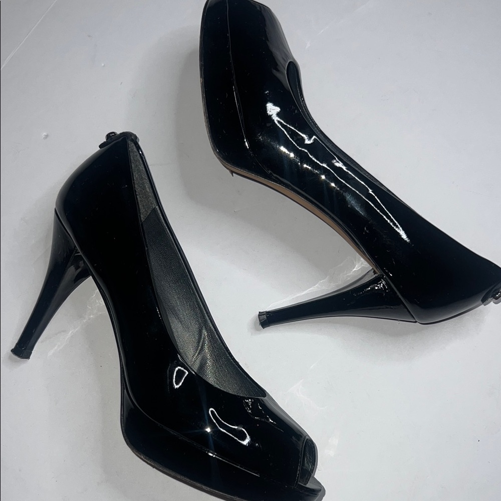 Stuart Weitzman Glossy Black Peep-Toe Heels - Picture 3 of 10